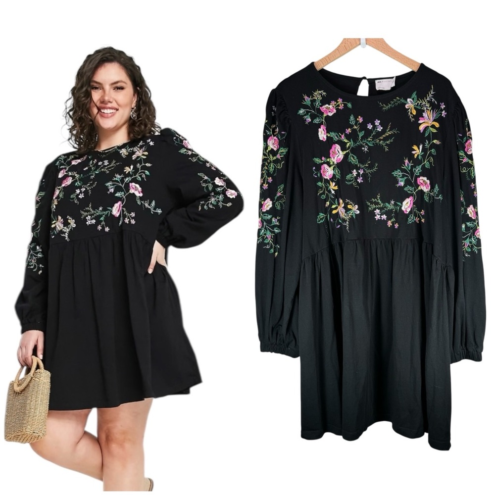 ASOS DESIGN Curve Long Sleeve Mini Smock Dress US 14 Cottage Floral Embroidery